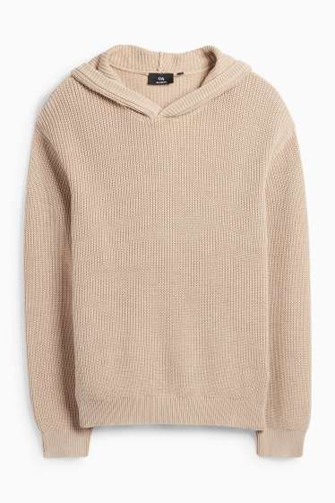 Hommes - Pull à capuche - finition côtelée - beige