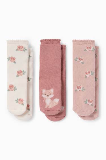 Bebeluși - fete - Multipack 3 perechi - vulpe și floricele - șosete antialunecare bebeluși - roz închis