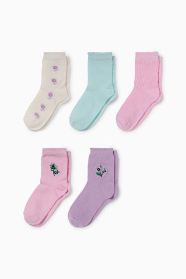 Copii - Fete - Multipack 5 perechi - flori - șosete cu motive - violet deschis