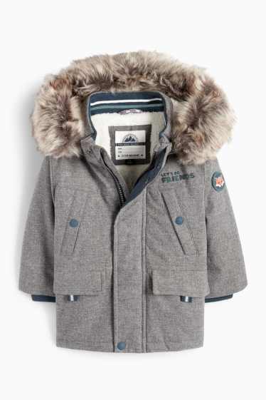 Bebeluși - băieți - Vulpe - parka bebeluși, cu glugă și aplicații din blană artificială - taupe