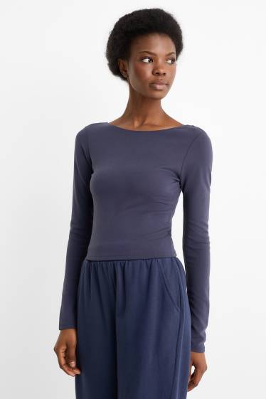 Femei - Tricou crop cu mânecă lungă - albastru închis