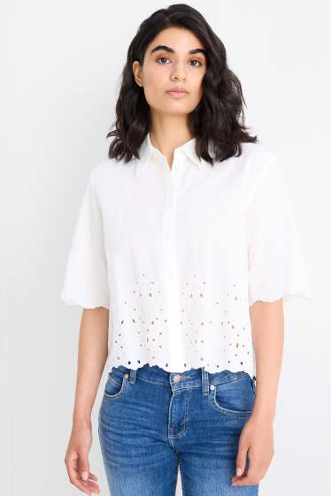 Femei - Bluză - broderie englezească - alb