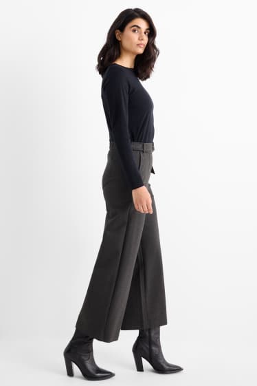 Women - Jersey trousers with belt - high-rise waist - wide leg - dark gray