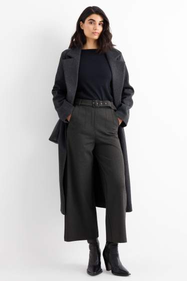 Women - Jersey trousers with belt - high-rise waist - wide leg - dark gray