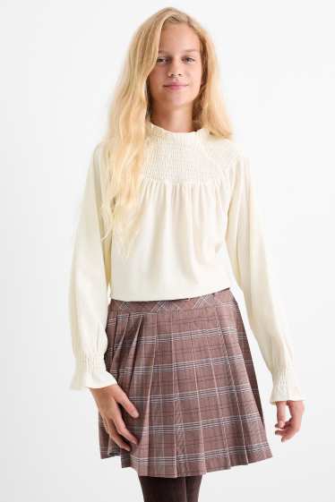 Copii - Fete - Tricou cu mânecă lungă - structurat - cu fronseuri - alb-crem