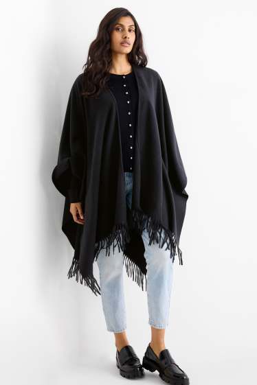 Dámské - Pončo s třásněmi - černá