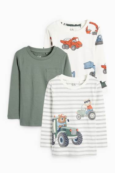 Copii - Băieți - Multipack 3 buc. - urs și șantier - tricou cu mânecă lungă - alb-crem