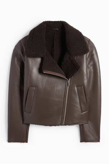 Femei - Geacă din piele shearling sintetică - imitație de piele - maro închis