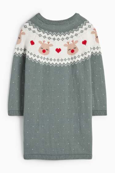 Baby Girls - Reindeer - knitted baby Christmas dress - dark green