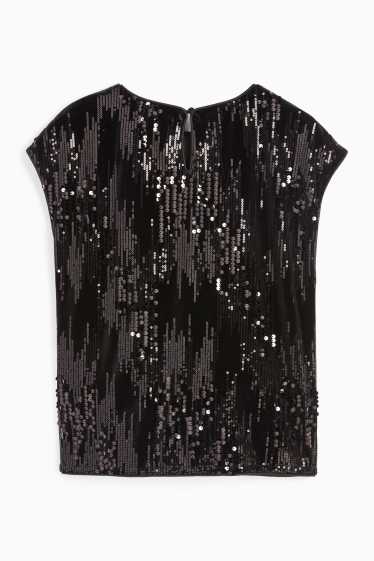 Femei - Tricou din catifea cu paiete - regular fit - negru