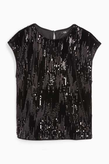 Femei - Tricou din catifea cu paiete - regular fit - negru
