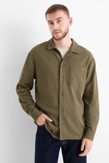 Men - Knitted shirt - loose fit - lapel collar - ribbed - green