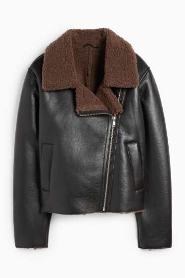 Femei - Geacă din piele shearling sintetică - imitație de piele - negru