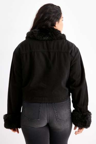 Femei - Jachetă din denim cu aplicații din blană artificială - căptușită - negru