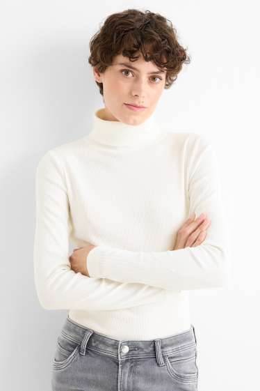 Damen - Rollkragenshirt - gerippt - weiß