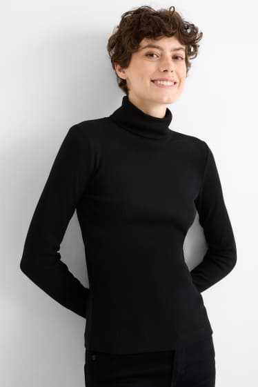 Damen - Rollkragenshirt - gerippt - schwarz