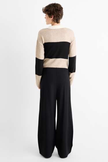 Femei - Pantaloni din jerseu cu curea - talie înaltă - wide leg - negru