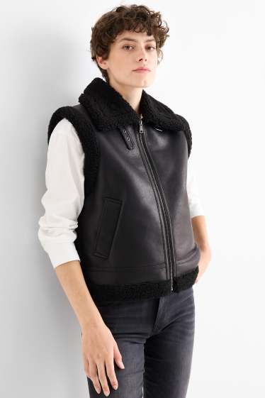 Femei - Vestă din piele shearling sintetică - imitație de piele - negru