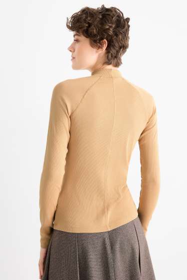 Women - Long sleeve top - slim fit - ribbed - light beige
