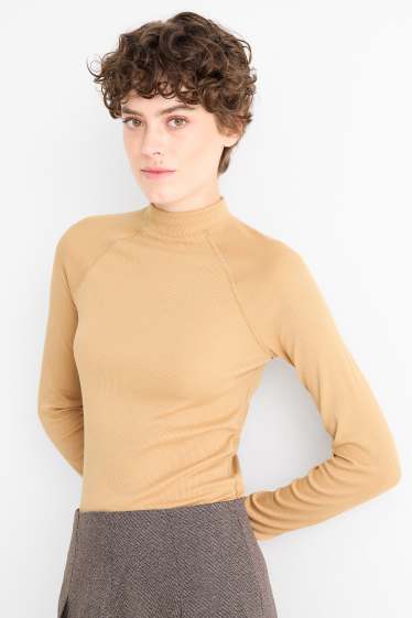 Women - Long sleeve top - slim fit - ribbed - light beige