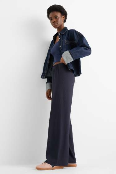 Women - Jersey trousers - mid-rise waist - wide leg - textured - dark blue