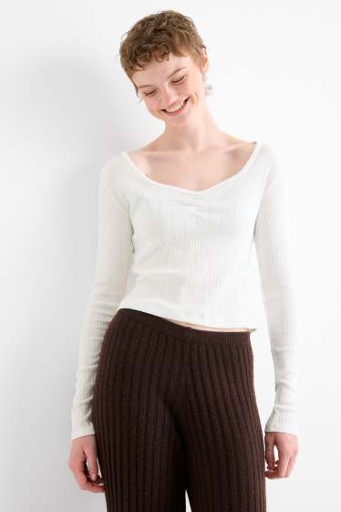 Femei - Tricou cu mânecă lungă - slim fit - reiat - alb