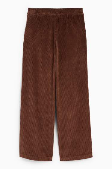 Dámské - Manšestrové kalhoty - mid waist - wide leg - tmavohnědá