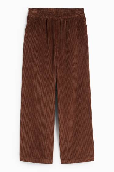Dámské - Manšestrové kalhoty - mid waist - wide leg - tmavohnědá