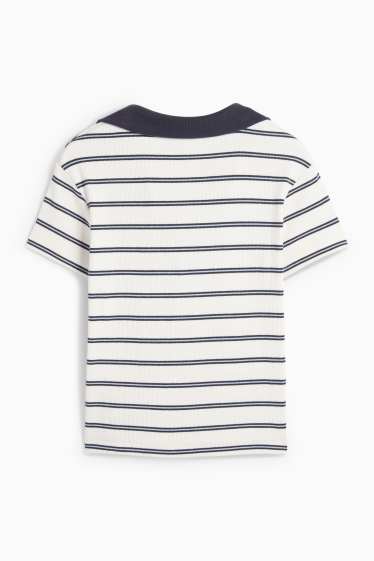 Femei - Tricou polo crop - slim fit - reiat - cu dungi - albastru / alb
