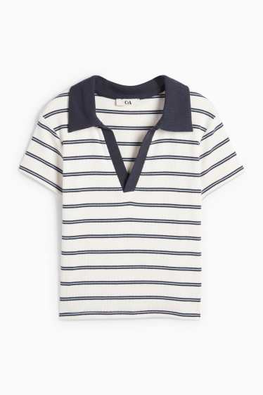 Femei - Tricou polo crop - slim fit - reiat - cu dungi - albastru / alb