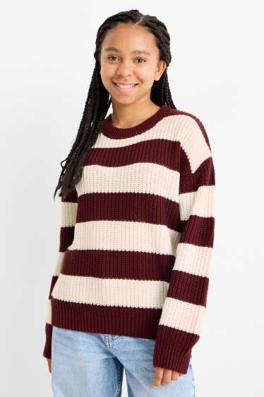 Kinder Mädchen - Pullover - gerippt - gestreift - rot / cremeweiß