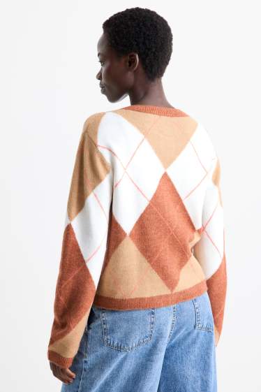 Dámské - Pletený kardigan - kostkovaný - béžová