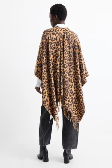 Femei - Poncho cu franjuri - imprimeu de leopard - negru / nej
