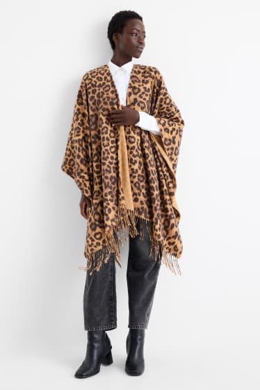Femei - Poncho cu franjuri - imprimeu de leopard - negru / nej