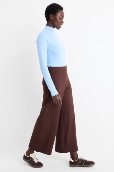 Femei - Pantaloni din jerseu - talie înaltă - wide leg - maro închis