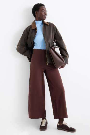 Femei - Pantaloni din jerseu - talie înaltă - wide leg - maro închis