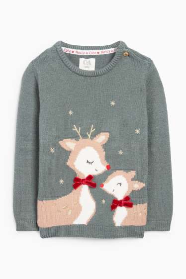 Baby Girls - Reindeer - baby Christmas jumper - green