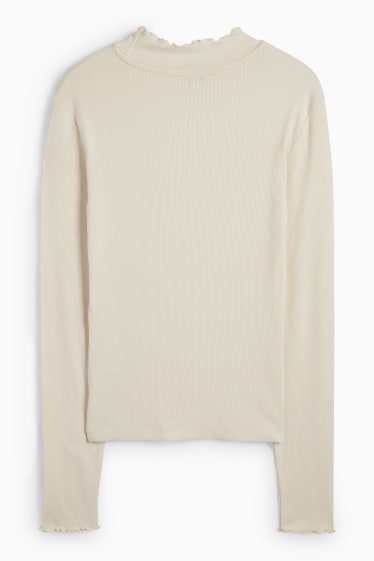 Dames - Longsleeve - slim fit - ribstof - crèmekleurig