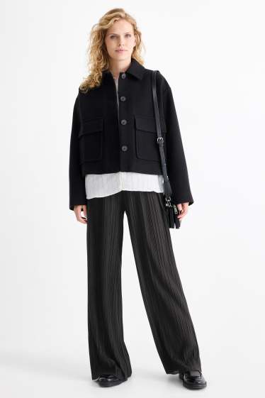 Femei - Pantaloni plisați - talie înaltă - wide leg - negru