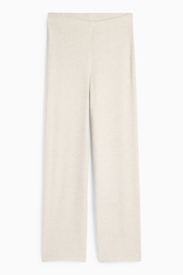 Damen - Strick-Hose - Mid Waist - Wide Leg - gerippt - hellbeige