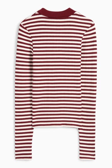 Women - Long sleeve polo shirt - slim fit - ribbed - embroidered - dark red / black