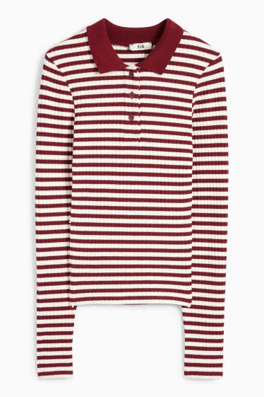 Women - Long sleeve polo shirt - slim fit - ribbed - embroidered - dark red / black