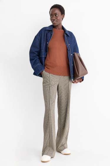 Femei - Pantaloni din jerseu - talie înaltă - wide leg - în carouri - bej deschis