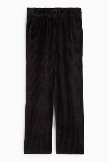 Femei - Pantaloni din catifea - talie înaltă - wide leg - reiați - negru