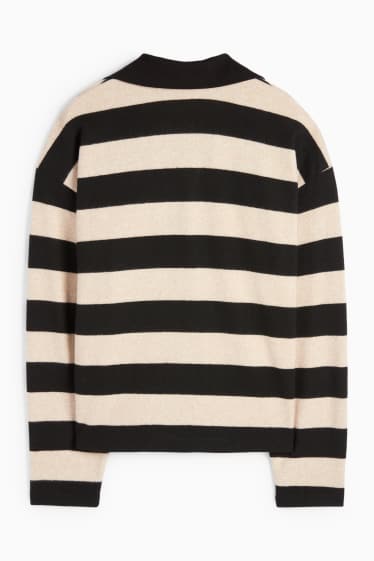 Femei - Tricou polo cu mânecă lungă - din tricot - cu dungi - negru / nej