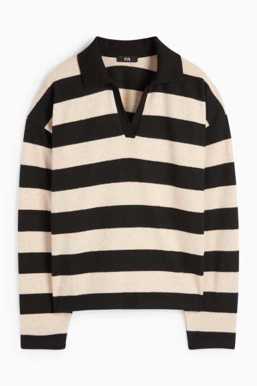 Femei - Tricou polo cu mânecă lungă - din tricot - cu dungi - negru / nej