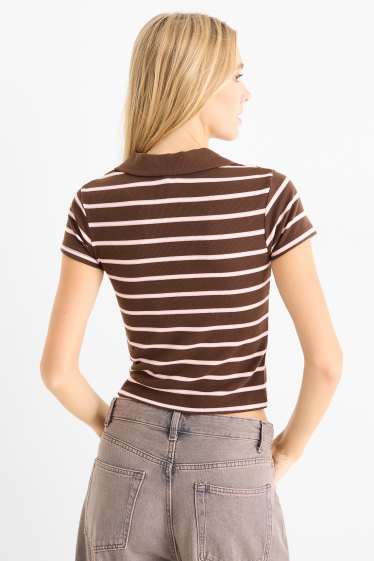Femei - Tricou polo crop - slim fit - reiat - cu dungi - maro închis