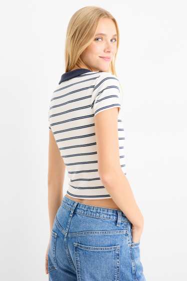 Femei - Tricou polo crop - slim fit - reiat - cu dungi - albastru / alb