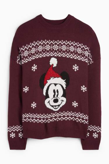 Femei - Pulover cu motive de Crăciun - Mickey Mouse - bordo