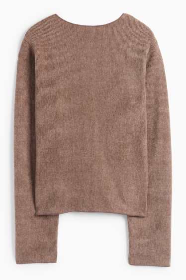 Dámské - Pletený kardigan - žebrovaný - hnědá